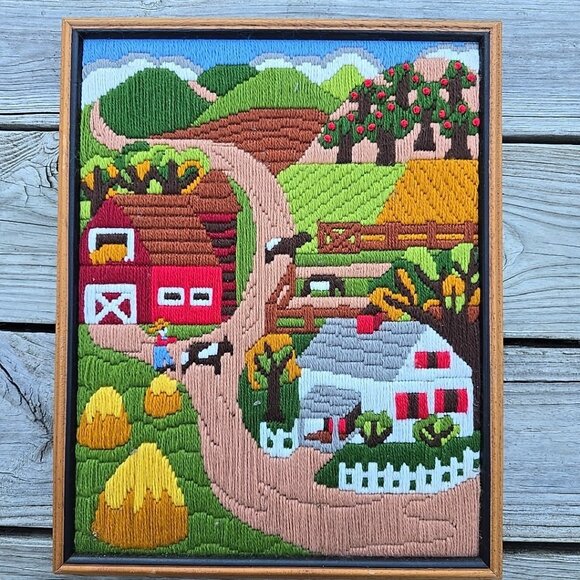 Crewel LongStitch Needlepoint Embroidery Art Farm Country Scene 12x15 Framed - Picture 3 of 8